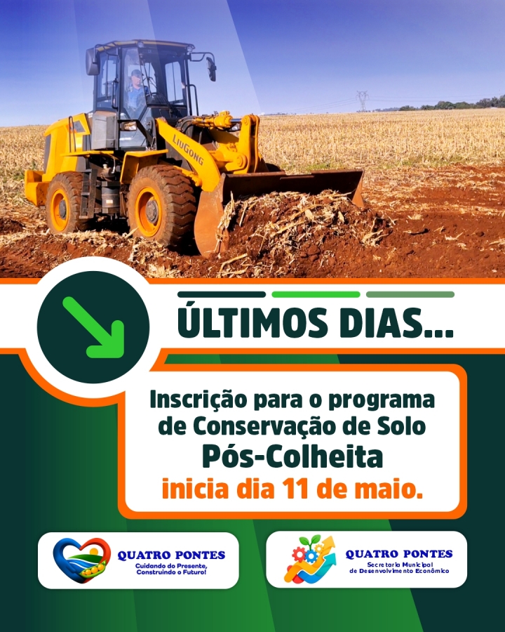 Quatro Pontes abre inscrições para programa de Conservação de Solo Pós-Colheita