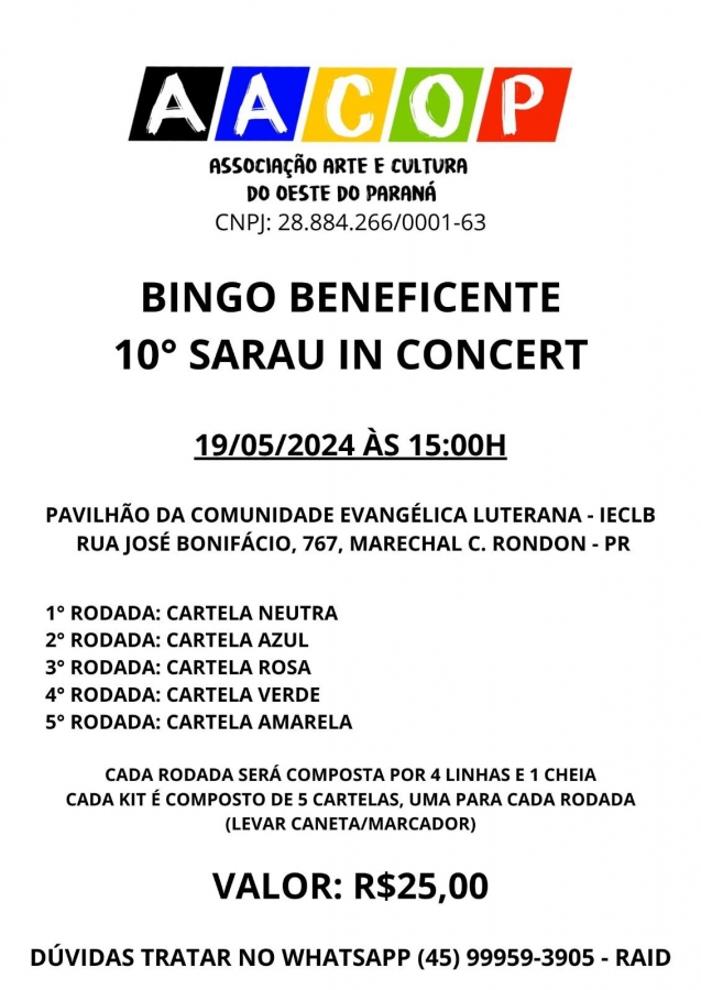 AACOP realizará bingo beneficente em prol do 10º Sarau In Concert